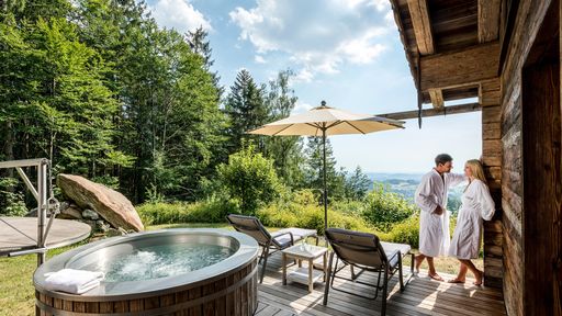 Pärchen steht im Luxus-Chalet auf der eigenen Sonnenterrasse neben Whirlpool und traumhaften Ausblick über den Bayerischen Wald.